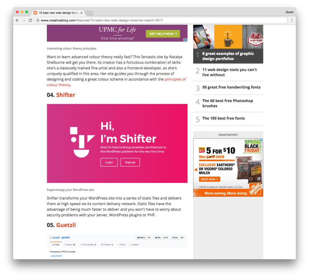 Screenshot of Shifter on Creative Bloq post