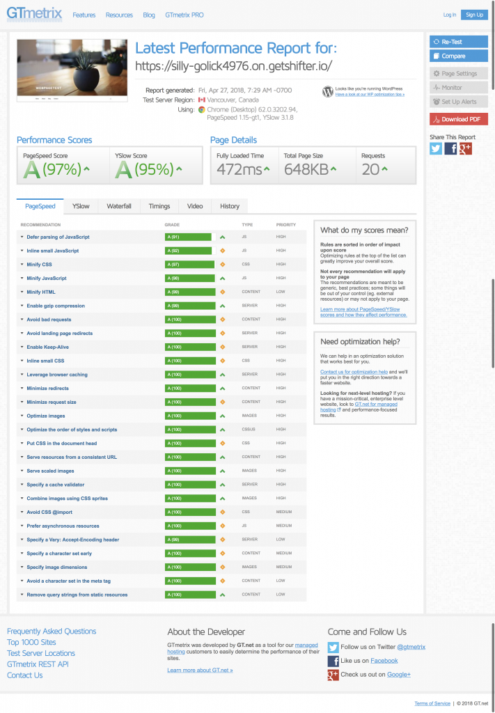 Shifter Static WordPress GTMetrix PageSpeed Score